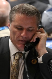 LOS ANGELES, CA - JUNE 25:  General Manager Garth Snow of the New York Islanders on the phone during the 2010 NHL Entry Draft at Staples Center on June 25, 2010 in Los Angeles, California.  (Photo by Dave Sandford/NHLI via Getty Images)